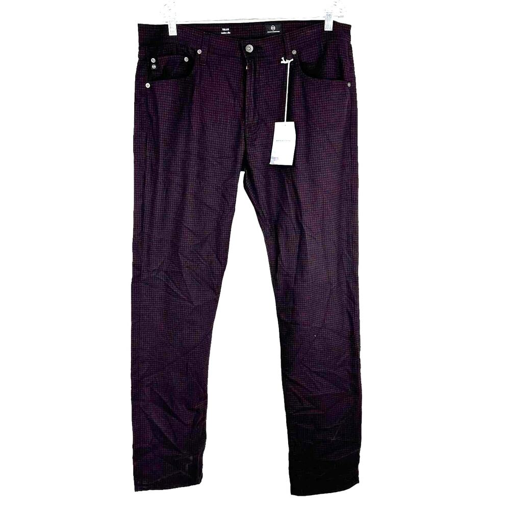 AG Adriano Goldschmied Tellis Modern Slim Maroon Gingham Print Men Pant 36 x 34